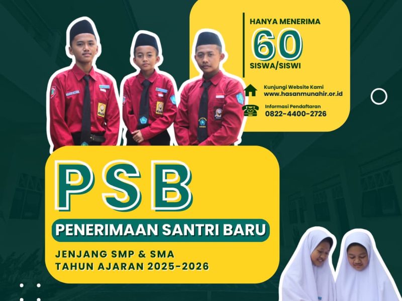 📌 *Informasi Pendaftaran*Admin Pendaftaran:
wa.me/+6282244002726Pendaftaran Online:
https://surveyheart.com/form/6758fb1a9b09d33cfaa1f2c6Lokasi Maps:
https://maps.app.goo.gl/QNZWahDBFcyecenw9Facebook:
https://www.facebook.com/share/sMKdSx6jXu1sNtvn/Instagram:
https://www.instagram.com/hasan_munahir?igsh=MWU4N3h2NDd3OTEwNA==Website: https://hasanmunahir.or.id/penerimaan-santri-baru-pondok-pesantren-modern-hasan-munahir/Informasi Biaya Pendidikan:
https://online.fliphtml5.com/gpwje/ppre/