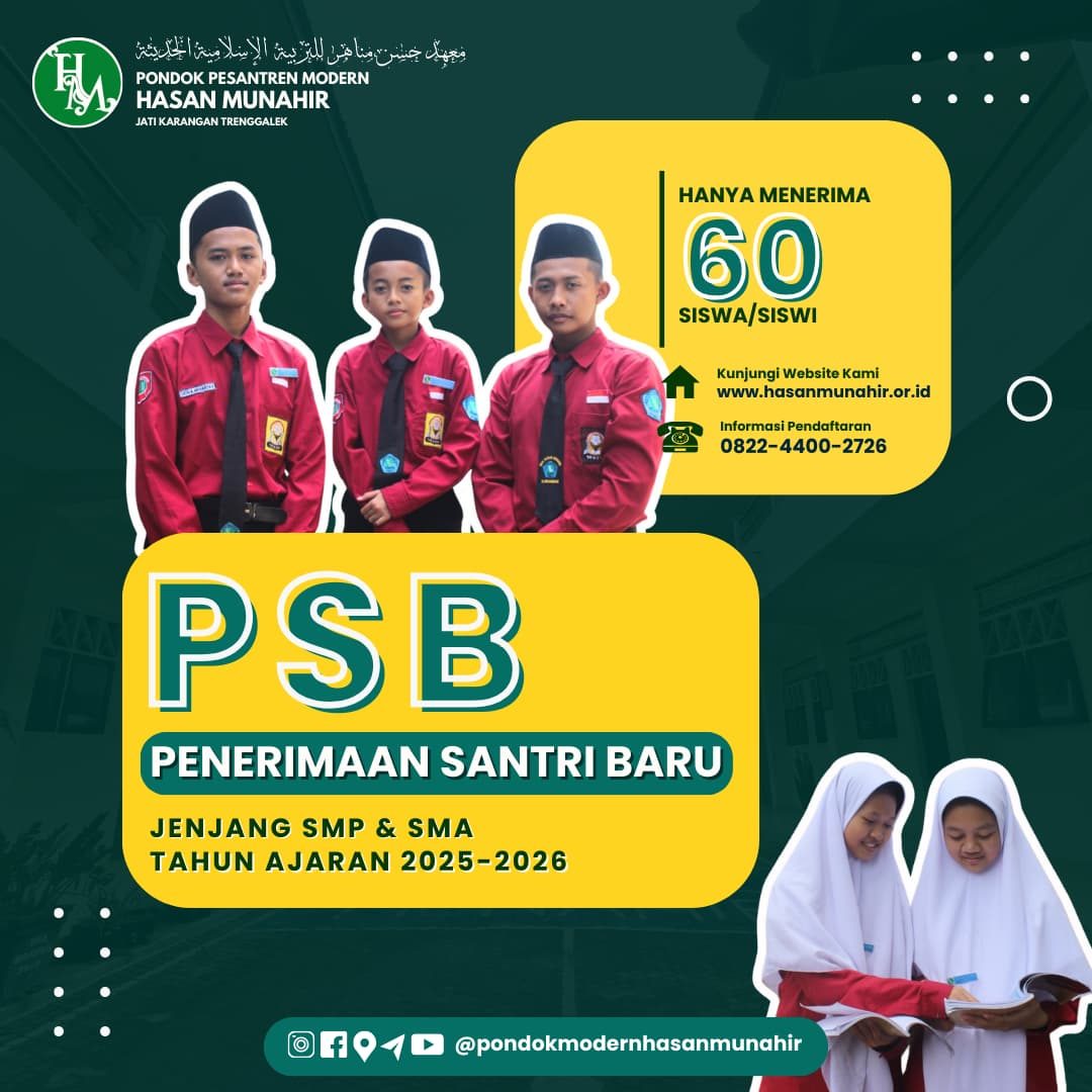 📌 *Informasi Pendaftaran*Admin Pendaftaran:
wa.me/+6282244002726Pendaftaran Online:
https://surveyheart.com/form/6758fb1a9b09d33cfaa1f2c6Lokasi Maps:
https://maps.app.goo.gl/QNZWahDBFcyecenw9Facebook:
https://www.facebook.com/share/sMKdSx6jXu1sNtvn/Instagram:
https://www.instagram.com/hasan_munahir?igsh=MWU4N3h2NDd3OTEwNA==Website: https://hasanmunahir.or.id/penerimaan-santri-baru-pondok-pesantren-modern-hasan-munahir/Informasi Biaya Pendidikan:
https://online.fliphtml5.com/gpwje/ppre/